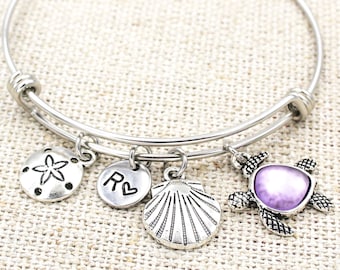 Sea Turtle Bangle Bracelet, Beach Inspired Bracelet, Sand Dollar Jewelry, Turtle Jewelry, Seashell Bracelet, Beach Lover Gift, Beach Jewelry