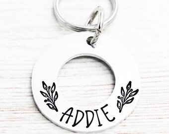 Custom Washer Pet Name Tag, Personalized Dog ID Tag, Branch Border Pet Tags, Dog Collar Charm, Cat Name Tags, Puppy Tag, Kitten Tag Charm