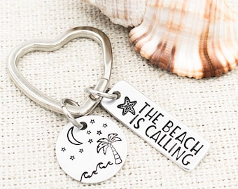 La spiaggia chiama portachiavi, portachiavi da spiaggia, regalo per gli amanti della spiaggia, ragazza da spiaggia, ciondoli borsa oceanica, portachiavi stella marina, portachiavi palma