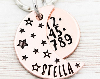Copper Crescent Moon Pet Tag, Moon and Stars Dog Tag, Moon Dog ID Tag, Stars Cat Name Tag, Night Sky Pet Name Tags, Pet Identification