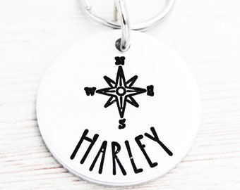 Personalized Compass Pet Name Tag, Compass Dog Tag, Dog ID Tag, Cat Name Tags, Nautical Pet Tags, Dog Collar Charms, Dog Identification