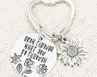 Grow Through What You Go Through Keychain, Inspirational Keyring, Sunflower Keychains, Inspiring Quote Gift, Gift For Daughter, Student Gift