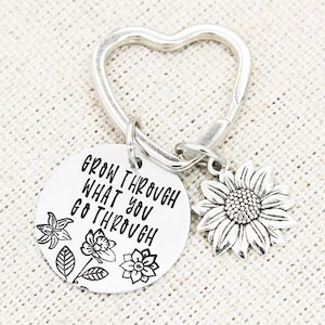 Grow Through What You Go Through Keychain, Inspirational Keyring, Sunflower Keychains, Inspiring Quote Gift, Gift For Daughter, Student Gift