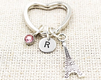 Eiffel Tower Keychain, Birthstone, Initial Charm, Paris Gift