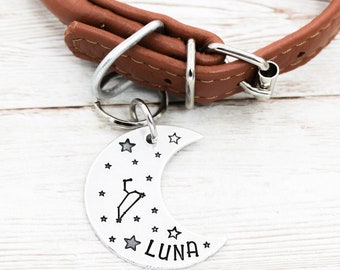 Large Constellation Moon Pet ID Tag, Crescent Moon Dog Tags, Astrology Dog Name Tag, Stars Pet Collar Charm, Cosmic Pet Charms, Cat Tag