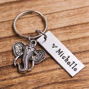 Personalized Name Elephant Keychain, Custom Boho Elephant Keyring, Bohemian Elephant Bag Pendant, Name Book Bag Charms, Elephant Lovers Gift