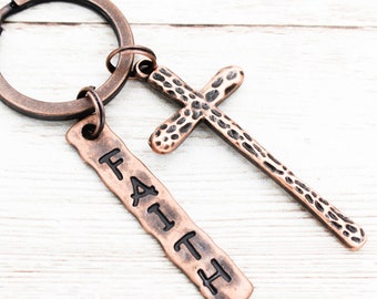 Copper Faith Cross Keychain, Hammered Cross Keyring, Unisex Christian Keychains, Religious Gift, Faith Gifts, Mens Key Chain, Gift For Him