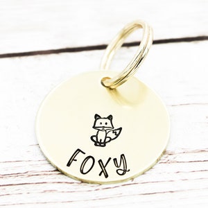 Fox Pet ID Tag, Fox Dog Tags, Cat Name Charm, Gold Dog Collar Charm, Woodland Pet Tags, Nature Dog Tag, Fox Charm, Dog Jewelry