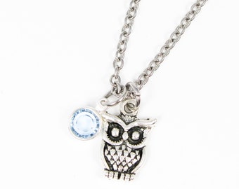 Silver Owl Birthstone Necklace, Owl Charm Necklace, Animal Jewelry, Bird Necklace, Owl Gifts, Friend Birthday Gift, Birthstone Jewelry