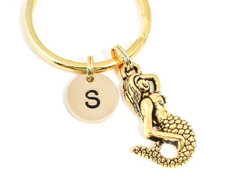 Mermaid Initial Keychain, Mermaid Lover Gifts, Beach Keyring, Sea Life Gift, Little Girl Present, Book Bag Charm, Nautical Key Chain
