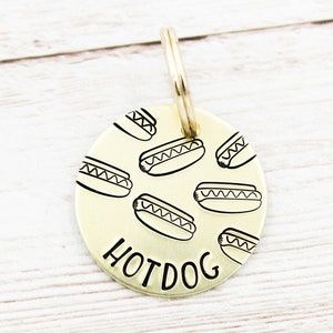 Hotdogs Dog Name Tag, Hotdog Pet ID Tag, Dachshund Name Tags, Hotdog Collar Charm, Dachshund Jewelry, Dog Gifts, Dog Charms