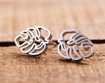 Monstera Leaf Stud Earrings, Hypoallergenic Post Earrings, Monstera Plant Jewelry, Tropical Plants Earrings, Gift For Nature Lovers, For Her