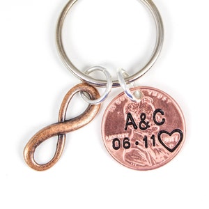 Anniversary Keychain, Infinity Keychain, Couples Keychain, Stamped Penny Keychain, Bride and Groom Gift, Engagement Gift, Couples Initials