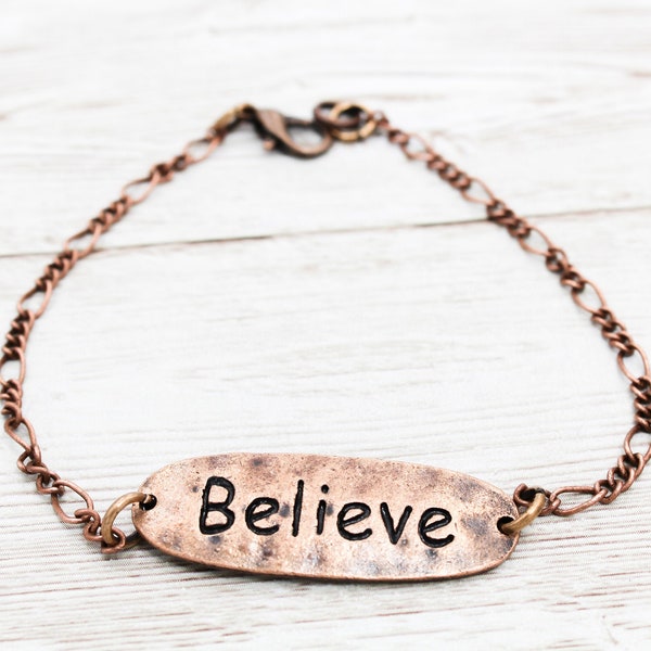 Copper Believe Bracelet, Rustic Believe Bracelets, Inspiring Gift, Motivation Jewelry, Student Gifts, Uplifting Word Jewelry, CoWorker Gifts