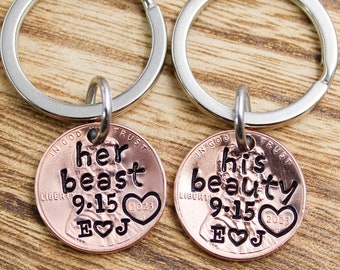 His Beauty Her Beast Keychain Set, Couples Penny Keychains For 2,  Anniversary Gift, Boyfriend Gifts, Christmas For Him, Presents For Wife