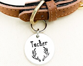 Deer Antler Pet Name Tag, Antlers Dog ID Tags, Hunting Dog Tag, Rustic Pet Tags, Dog Collar Charms, Dog Identification, Dog Jewelry, Puppy