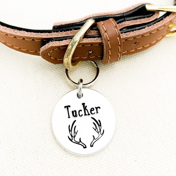 Deer Antler Pet Name Tag, Antlers Dog ID Tags, Hunting Dog Tag, Rustic Pet Tags, Dog Collar Charms, Dog Identification, Dog Jewelry, Puppy