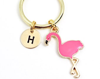 Dainty Flamingo Keychain, Flamingo Keyring, Initial Keychain, Best Friend Keychain, BFF Gift, Animal Keychain, Pink Flamingo, Island Life