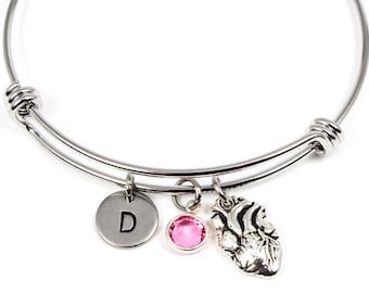 Bracciale cuore anatomico, braccialetto cuore anatomico, braccialetto infermiera, gioielli cuore, braccialetto iniziale, braccialetto portafortuna, regalo per studenti di medicina