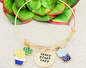 Crazy Plant Lady Bangle Bracelet, Succulent Bracelet, Cactus Jewelry, Plant Lover Gift, Plant Mom, Gardener Bracelets, Nature Jewelry