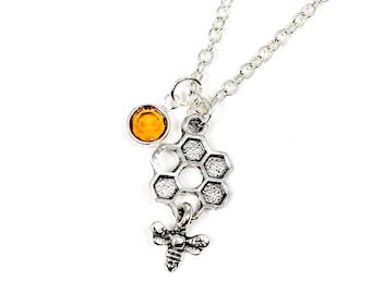 Honeybee Necklace, Honey Comb Necklace, Honey Bee Charm, Birthstone Necklace, Honeybee Jewelry, Spring Jewelry, Bee Keeper, Bee Lover
