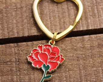 Small Red Peony Flower Keychain | Gold Floral Keyring | Gardener Gift | Flower Purse Charm | Gift for Wife Girlfriend | Stocking Stuffer