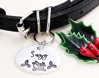 Kerst huisdier identificatieplaatje, Kerstman slee kattenplaatje, Feestelijk honden naamplaatje, Kerst hondenhalsband bedeltje, Kerst hondenpenning, Puppy penning, Kerst honden sieraden