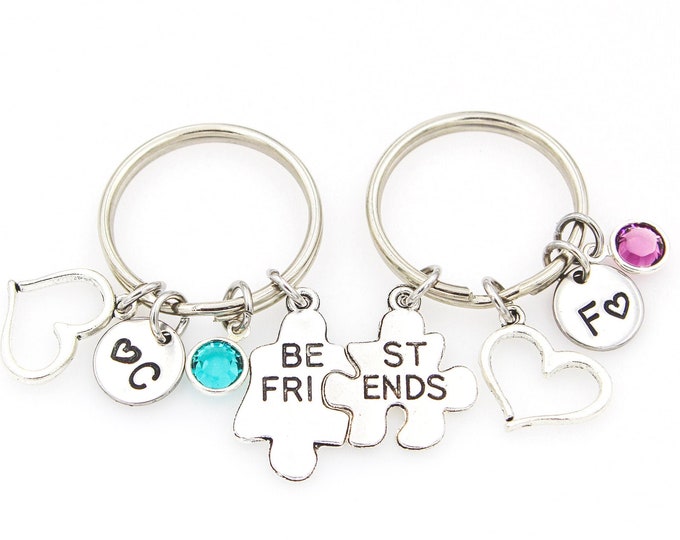 Best Friends Keychain Set, Personalized Friendship Keychains, Custom BFF Charm, Friend Keychains For 2, Puzzle Keychain, Birthstone Initial