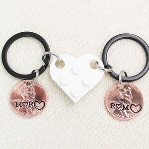 Custom Penny With Connecting Heart LEGO® Keychains, Couples Keychain Set, Authentic LEGO®, Matching Anniversary Keyrings, Boyfriend Gift