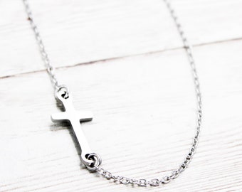 Hypoallergenic Sideways Cross Necklace, Stainless Steel Cross Jewelry, Religious Gifts, Baptism Gift, Christian Necklaces, Faith Gift