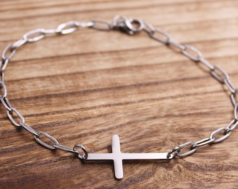 Stainless Steel Cross Bracelet or Anklet, Hypoallergenic Cross Jewelry, Cross Charm Bracelet, Mens Cross Bracelets, Paper Clip Chain Anklets