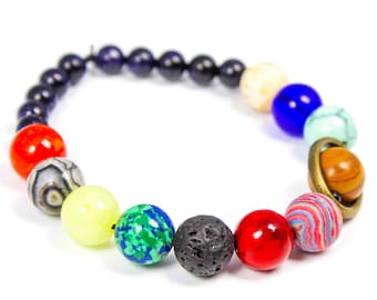 Stretchy Planet Bracelet, Solar System Bracelet, Space Bracelet, Gemstone Bracelet, Cosmic Bracelet, Galaxy Bracelet, BFF Gift, Saturn