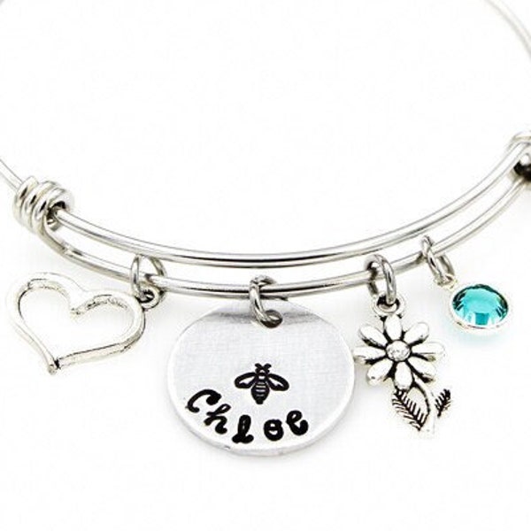 Personalized Honeybee Bangle, Birthstone Name Bangles, Girls Flower Bracelet, Honey Bee Bracelets, Little Girl Jewelry, Flower Girl Gift