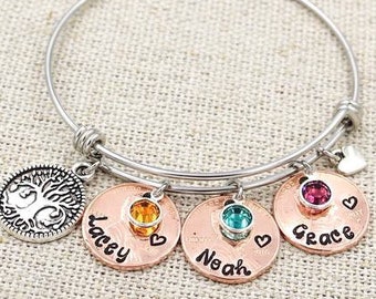 Family Tree Bangle Bracelet, Mother Bracelet, Grandmother Bracelet, Gift For Mom, Gift For Grandma, Birthstone Name Bangle, Penny Bracelet