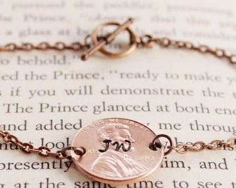 Personalized Penny Bracelet, Lucky Gift, Memorial Jewelry, Custom Initial, Pennies From Heaven, Graduation Gift, Good Luck Charm, Grief