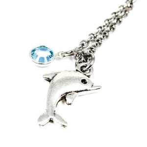 Dolphin Birthstone Necklace, Dolphin Charm Necklace, Childs Necklace, Beach Jewelry, Beach Wedding, Flower Girl Necklace, Sea Life Necklaces