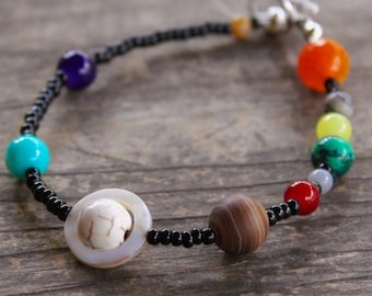 Solar System Planets Bracelet, Mens Bracelets, Astronaut Presents, Outer Space Gift, For Science Teacher, Geeky Jewelry, Saturn Gemstone