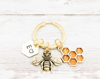 Custom Honey Bee Keychain, Honeybee Keyring, Honeycomb Keychains