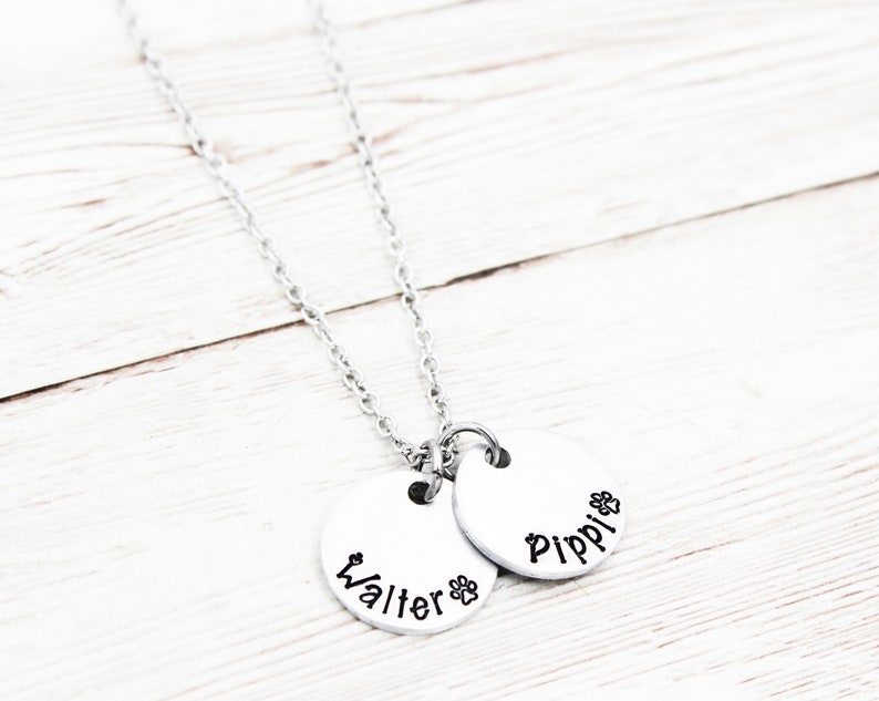 May include: Silver necklace with two round pendants. The pendants are engraved with the names "Walter" and "Pippi" and a paw print.