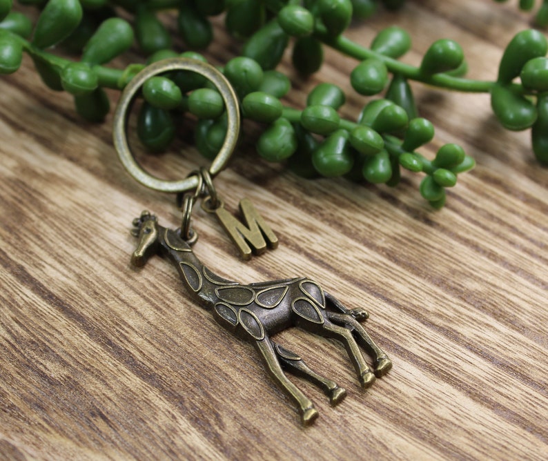 Bronze Giraffe Keychain, Monogram Giraffe Keyring, Gift for Giraffe ...