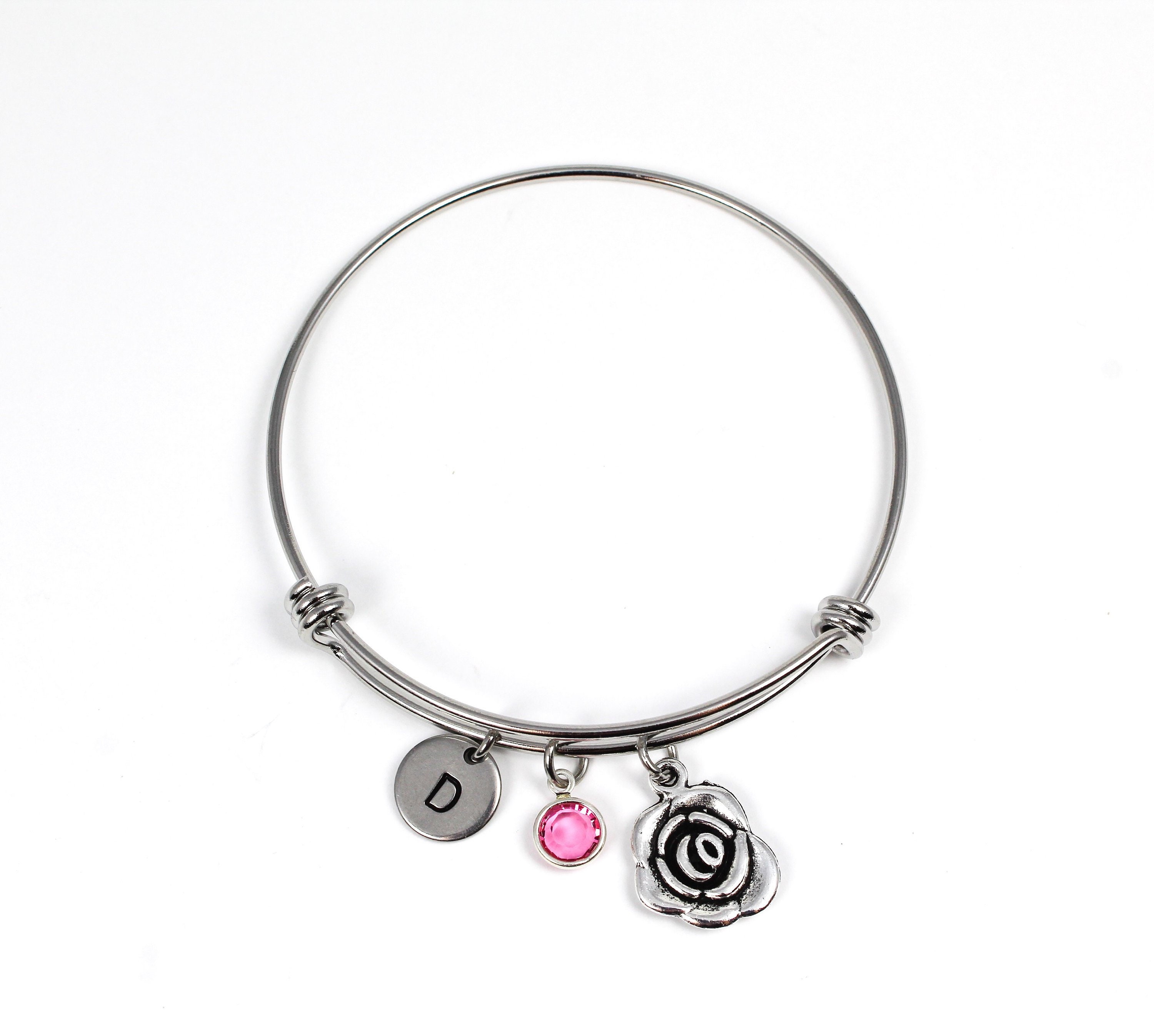 Rose Bangle Rose Charm Bracelet Flower Bangle Bracelet Rose Etsy