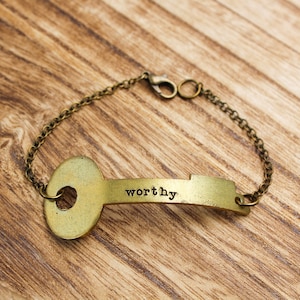 Vintage Key Bracelet With Your Custom Word, Antique Brass Key Bracelets, Motivational Word Jewelry, Worthy Rustic Jewelry, Repurposed Gift