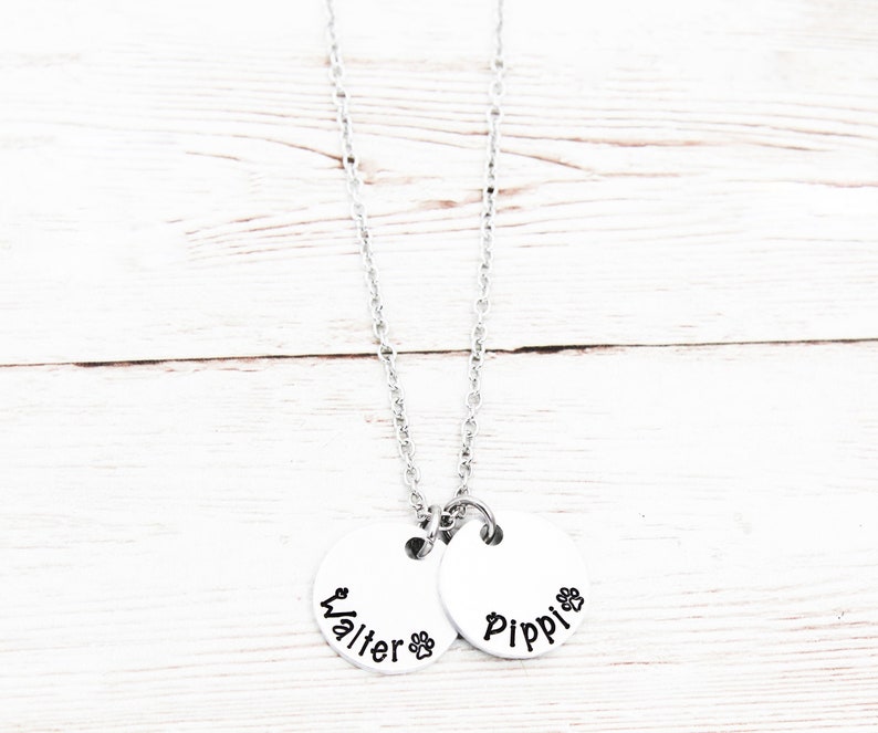 May include: Silver necklace with two round silver charms. The charms have the names "Walter" and "Pippi" engraved on them, each with a small paw print.