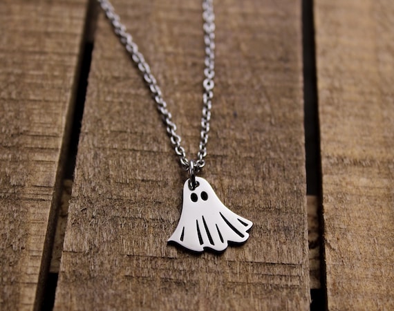 Silver Stainless Steel Ghost Necklace, Cute Spooky Ghost Pendant Jewelry, Ghost Inspired Gifts, Halloween, Ghost Accessories, Hypoallergenic