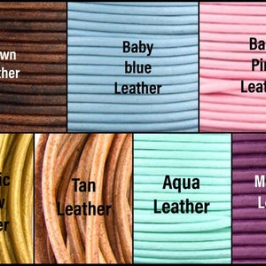 May include: A selection of leather cords in various colors, including brown, baby blue, baby pink, metallic yellow, tan, aqua, and magenta.