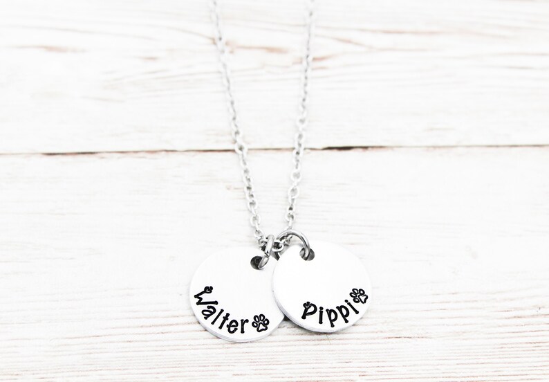 May include: A silver chain necklace with two round silver charms. The charms have the names 'Walter' and 'Pippi' engraved on them with a paw print symbol next to each name.
