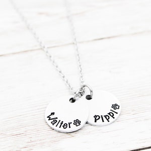 May include: Silver necklace with two round pendants. The pendants are engraved with the names "Walter" and "Pippi" and a paw print.