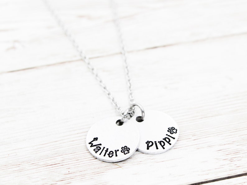 May include: Silver necklace with two round pendants. The pendants are engraved with the names "Walter" and "Pippi" and a paw print.