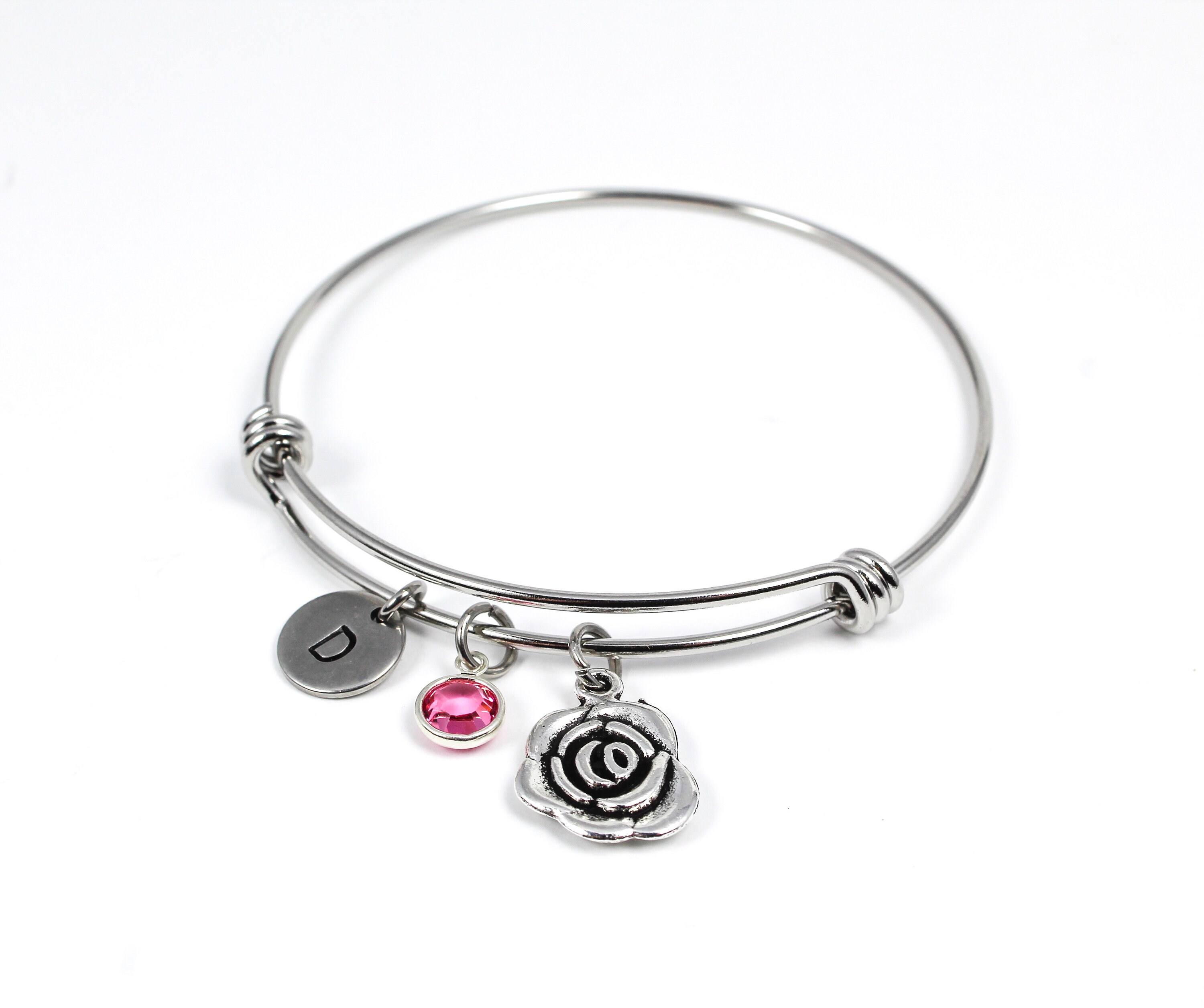 Rose Bangle Rose Charm Bracelet Flower Bangle Bracelet Rose Etsy