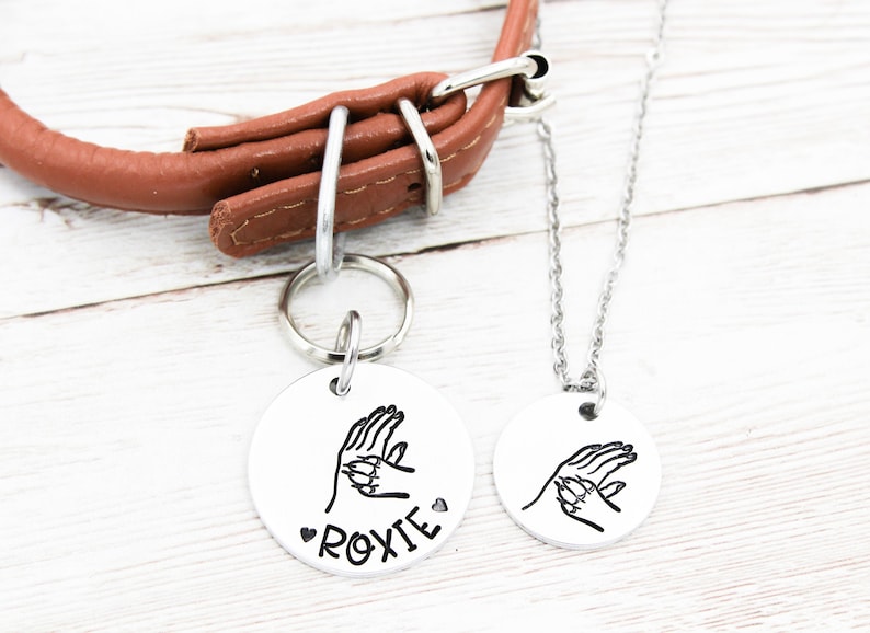 May include: A brown leather dog collar with a silver buckle and a silver tag with a paw print and the name "ROXIE" engraved on it. A silver chain necklace with a matching paw print tag is also shown.
